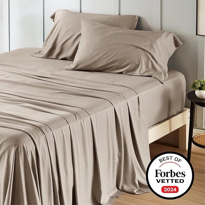 Bedsure King Size Sheets Set, Cooling Sheets for Hot Sleepers, Rayon Derived from Bamboo, Breathable & Soft, Deep Pocket Up to 16 Inches, Hotel Luxury Silky Bedding, Simply Taupe
