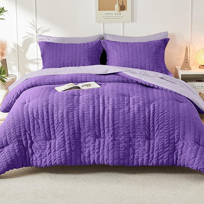 HYMOKEGE Dark Purple/Lavender Twin Comforter Set Seersucker 5 Pieces, All Season Luxury Bed in a Bag for Bedroom, Bedding Set with Comforter, Sheets, Pillowcase & Sham