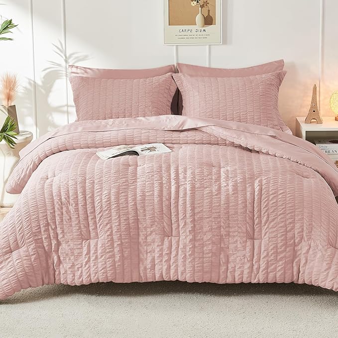 HYMOKEGE Rose Gold Full Size Comforter Sets Seersucker 7 Pieces, All Season Luxury Bed in a Bag for Bedroom, Bedding Set with Comforters, Sheets, Pillowcases & Shams