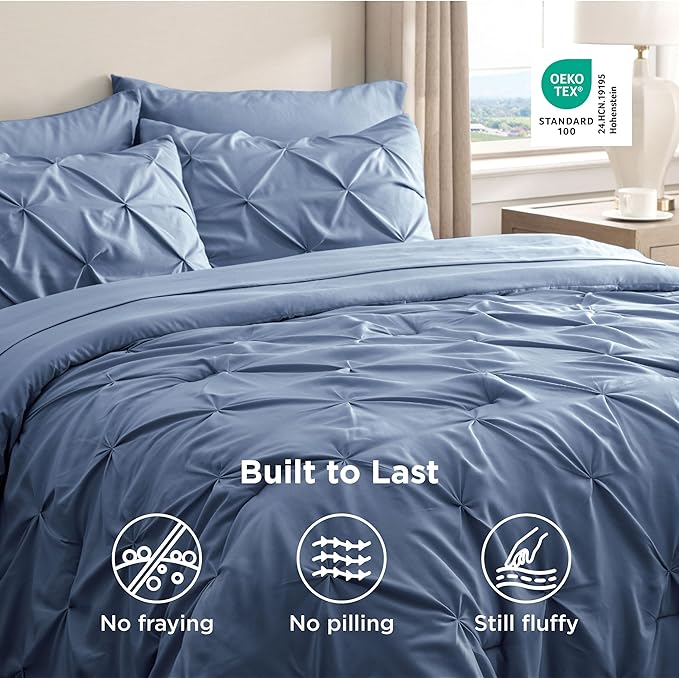 Bedsure Full Comforter Set Slate Blue - Bed in a Bag Full Size Bedding Set 7 Pieces, GentleSoft™ Pintuck Bed Set Gift for Family, Pinch Pleat All Season Comforter with Sheets, Pillowcases & Shams