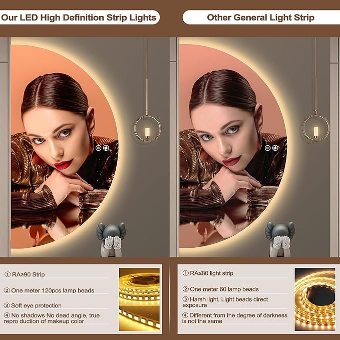 Half Moon Mirrors for Wall, 44"x22" Led Bathroom Mirror with Lights - 3-Color Backlit & Stepless Dimming-Anti-Fog-Modern Vanity Mirror-Shatterproof Glass-Memory