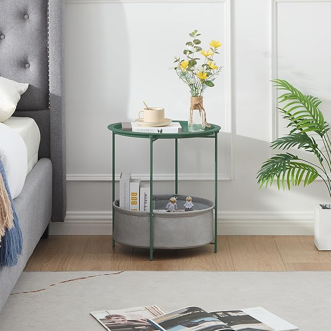 VECELO Round Side/End Table with Fabric Storage Basket,Metal Anti-Rust and Waterproof Small Bedside Nightstand with Removable Tray Top for Living Room,Balcony & Laundry,Dark Green /2pcs with Basket