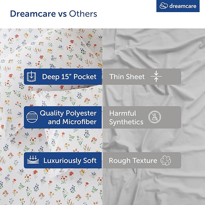 DREAMCARE Queen Size Sheets - Cooling Bed Sheets - 4pcs Set - Queen Sheet Set - Sheets Queen Size Bed - Queen Size Sheet Sets - Soft & Long Lasting 100% Fine Brushed Floral Sheets - Multi Floral