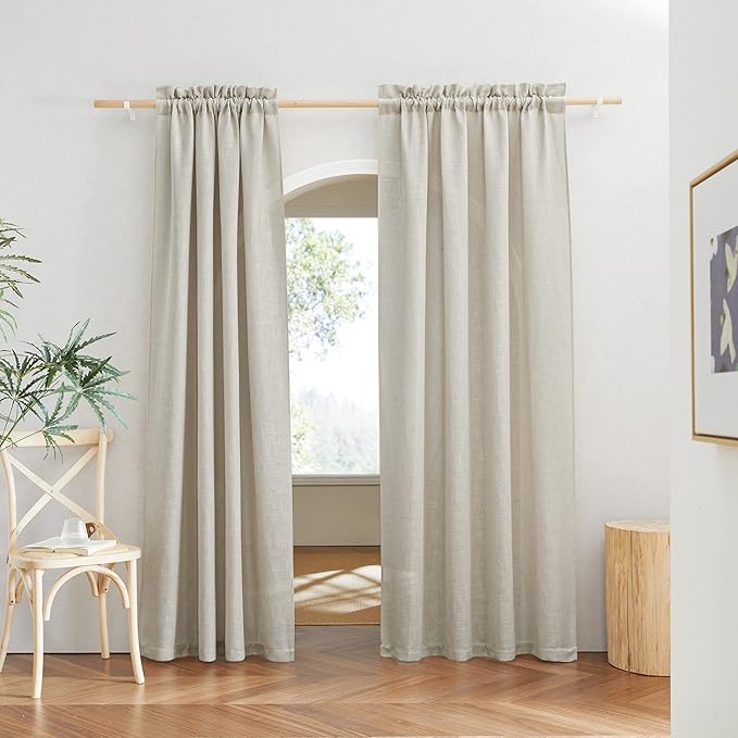 RYB HOME Flax Linen Blend Curtains - European Flax Linen Semi Sheer Curtains Privacy Protect Window Drapes Light Filter for Parlor, Sliding Door, Villa, Party, W 52 x L 95 inch, Angora, 2 PC