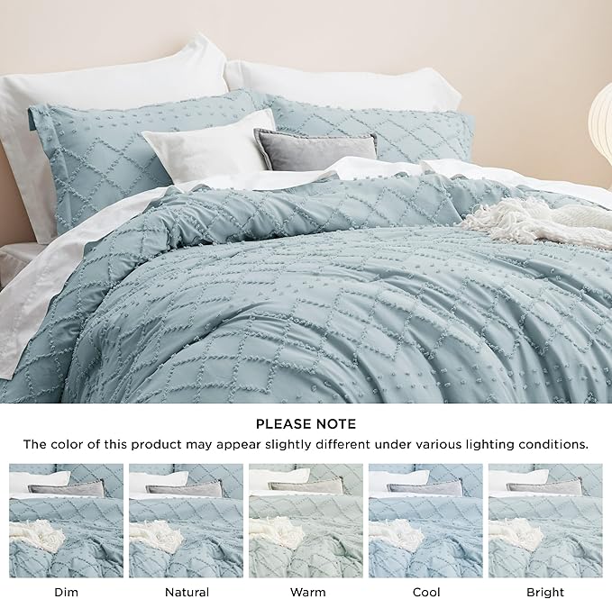 Bedsure Twin Comforter Set - Dusty Blue Comforter, Boho Tufted Shabby Chic Bedding for Kids, 2 Pieces Vintage Farmhouse Bed Set for All Seasons, Fluffy Soft Bedding with 1 Pillow Sham