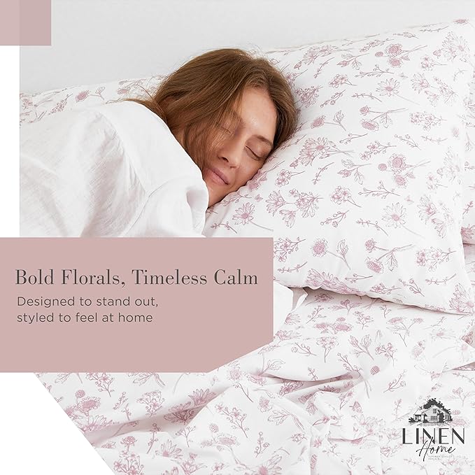 Linen Home 100% Cotton Printed Percale Sheets Queen Size, Deep Pocket, 4 Pieces Set - 1 Flat, 1 Deep Pocket Fitted Sheet and 2 Pillowcases, Crisp Cool and Strong Bed Linen, Mauve Botanical Floral