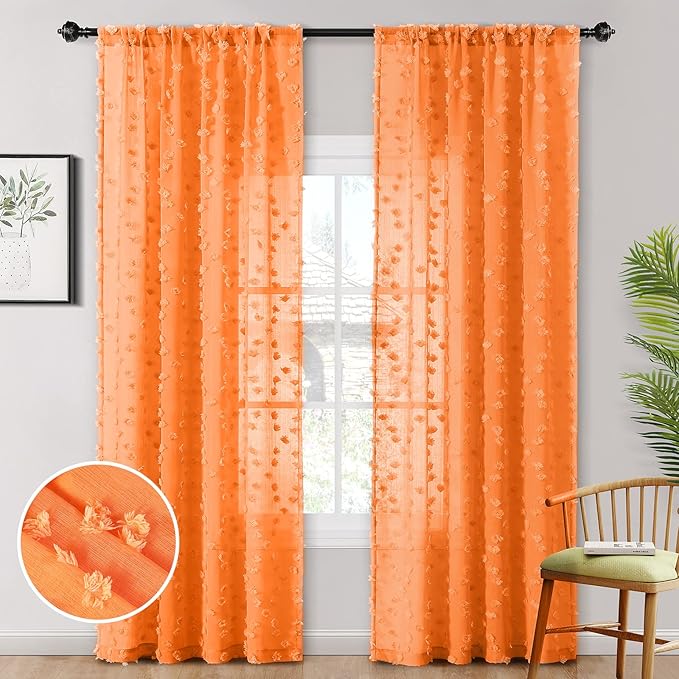 MYSKY HOME Pom Pom Orange Sheer Curtains for Bedroom Girls Room Curtains 72 Inches Long for Nursery Kids Light Filtering Boho Window Drapes, Rod Pocket, 38" Wide, 2 Panels