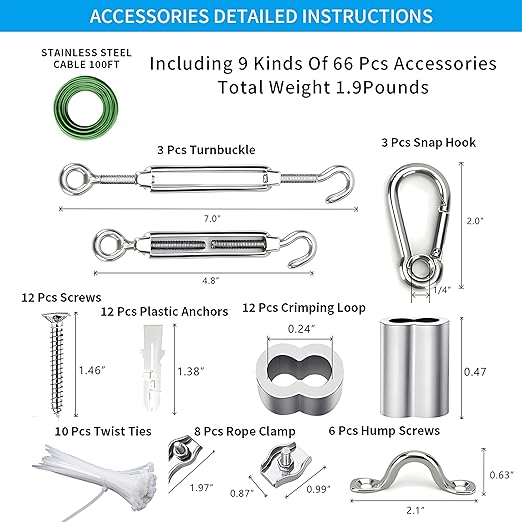 Globe String Light Suspension Kit, Outdoor Light Guide Wire, Vinyl Coated Stainless Steel Steel Cable,Include 100ft Transparent PVC and 304 Stainless Steel Wire Cable, Turnbuckle and Hooks