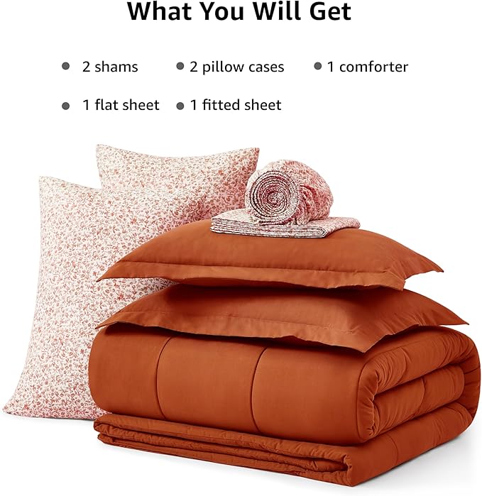 Monbix Full Comforter Set - 7 Pieces Burnt Orange Bed in a Bag Full Size Track Stitching Bedding Sets, All Seasons Down Alternative Comforter with Sheets,Pillowcases & Shams