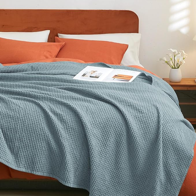 PHF 100% Cotton Waffle Weave Throw Blanket,Pre-Washed Snag Proof Lightweight Breathable Moisture-Wicking for Layering in Cold Weather for Couch Bed,Machine Washable,Home Decor Gift-Ocean