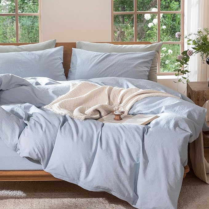 MooMee Bedding Duvet Cover Set 100% Washed Cotton Linen Like Textured Breathable Durable Soft Comfy (Heathered Cornflower Blue, Full 80"x90")