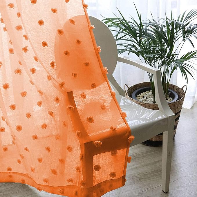 MYSKY HOME Pom Pom Orange Sheer Curtains for Bedroom Girls Room Curtains for Nursery Kids Light Filtering Boho Window Drapes, Rod Pocket, 52 x 95 Inches, 2 Panels