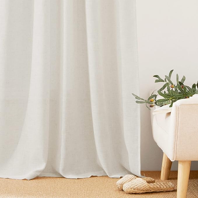RYB HOME Linen Flax Curtains 84 inches Long, Absorbent Linen Woven Half Privacy Light Filtering Drapes Semi Sheer Curtains for Living Room Bedroom Home Office Patio, 52 W x 84 L, 2 Panels