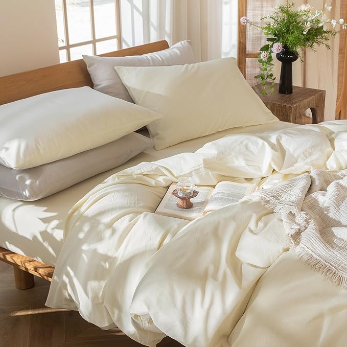 MooMee Bedding Duvet Cover Set 100% Washed Cotton Linen Like Textured Breathable Durable Soft Comfy (Solid Cream White, Full 80"x90")