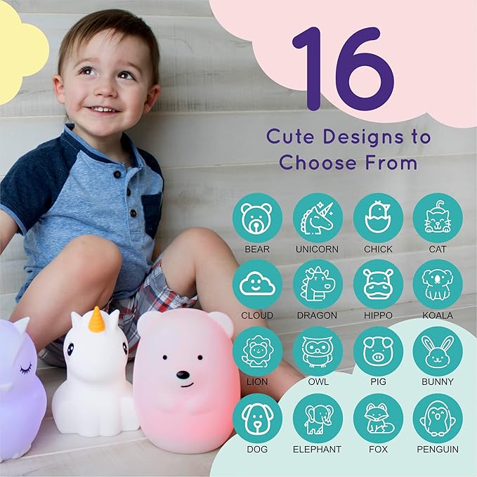 LumiPets Honey the Hippo Silicone Night Light for Kids | Squishy Lamp with Tap & Remote Control | Rechargeable, 9 Color Changing Animal Night Light for Boys & Girls | Portable Nightlight With USB Cord
