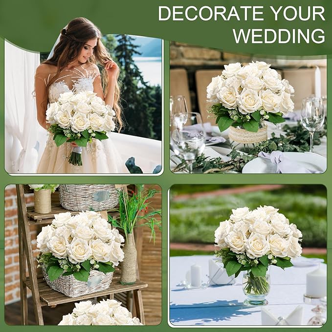 Artificial Roses Bouquets - 8 Bundles Fake Silk Flowers Realistic Faux Florals Bulk for Wedding Bridal Party Baby Shower Event Home Arrangements Centerpieces Decorations (Champagne)