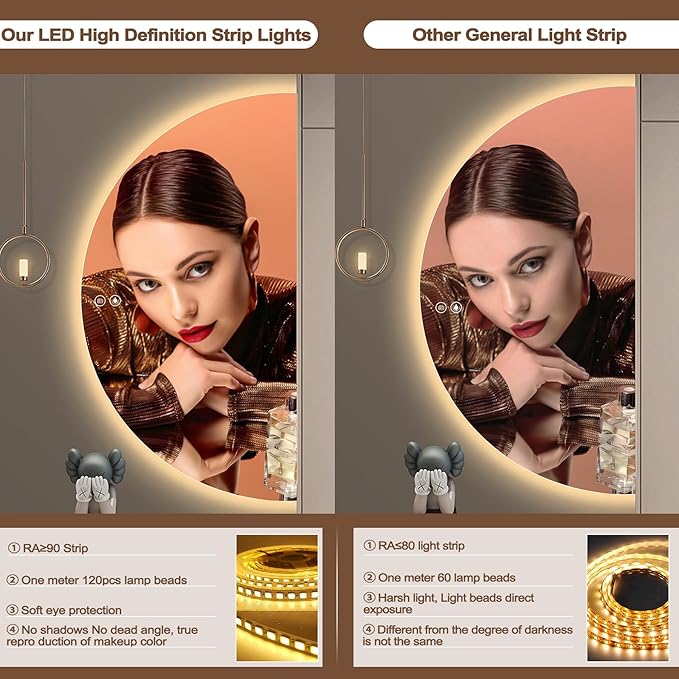 Half Moon Mirrors for Wall, 48"×24" LED Bathroom Mirrors with Lights-Touch Switch Backlit Bathroom Mirror-3 Colors-Dimmable Brightness,Anti-Fog, Memory, ETL Certified
