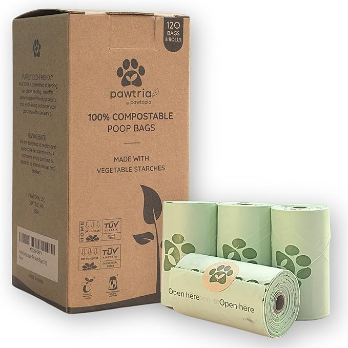 Pawtria Certified Home Compostable Dog Poop Bags (120), Biodegradable Poop Bags for Dogs, Cat Litter, Vegetable Starches, Eco-friendly Dog Waste Bags, Leakproof, Easy to Open, Give Back