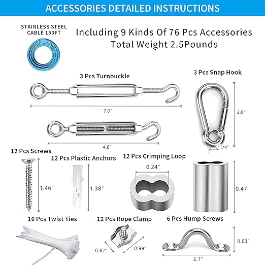 Globe String Light Suspension Kit, Outdoor Light Guide Wire, Vinyl Coated Stainless Steel Steel Cable,Include 150ft Transparent PVC and 304 Stainless Steel Wire Cable, Turnbuckle and Hooks