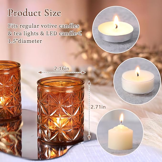 24Pcs Vintage Amber Votive Candle Holders, Amber Glass Tea Lights Candle Holder for Wedding Table Centerpiece,Vintage Boho Party Home Fall Decor,Thanksgiving and Christmas