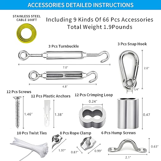 Globe String Light Suspension Kit, Outdoor Light Guide Wire, Vinyl Coated Stainless Steel Steel Cable,Include 100ft Transparent PVC and 304 Stainless Steel Wire Cable, Turnbuckle and Hooks