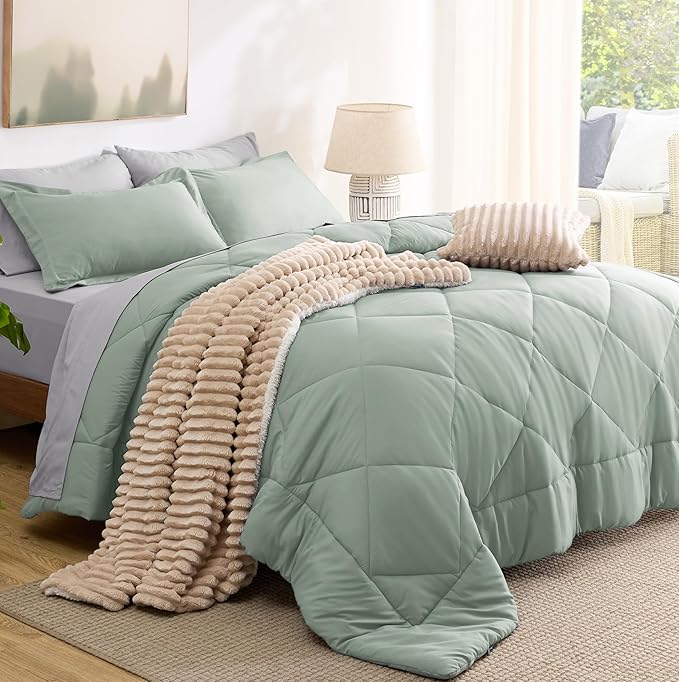 Bedsure King Size Comforter Set - 7 Pieces Reversible Sage Green Bedding, King Size Bed Set for All Seasons, Bed in a Bag with Down Alternative Comforter, Sheets, Pillowcases & Shams