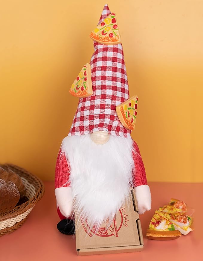 Cute Gnome Eating Pizza - Farmhouse Style Stuffed Plush Shelf Figurine - Pizza Decorations Indoor Gnome Decor - Gnomes Decorations for Home & Office - Pizza Gifts for Pizza Lovers (Pizza Gnome 2)