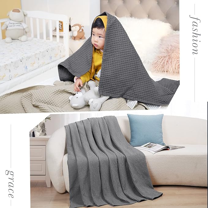 PHF Pre-Washed Cotton Waffle Weave Blanket Throw Size for Couch Bed,Snag Proof Spring Summer Lightweight Breathable,Oeko-TEX Certified,Machine Washable, Home Decor Gift,Charcoal