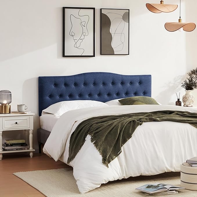 Tufted Upholstered Headboard California King Size, Sturdy and Durable Solid Wood Bed headboard, Fabric Headboard Adjustable Height from 37” to 51”, Button Diamond Design Head Board, Blue