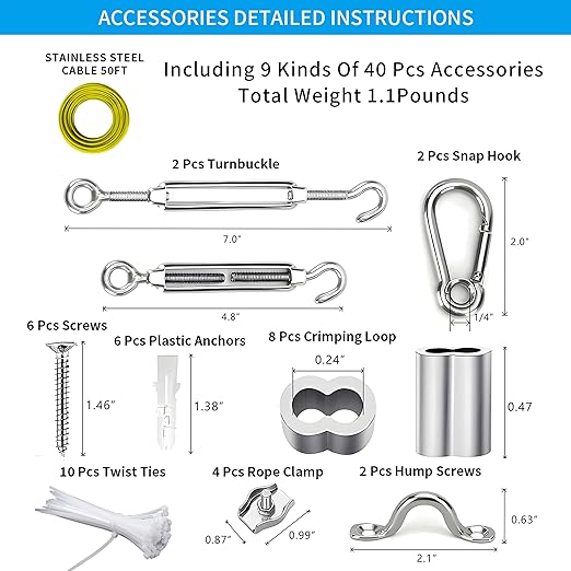 Globe String Light Suspension Kit, Outdoor Light Guide Wire, Vinyl Coated Stainless Steel Steel Cable,Include 50ft Transparent PVC and 304 Stainless Steel Wire Cable, Turnbuckle and Hooks