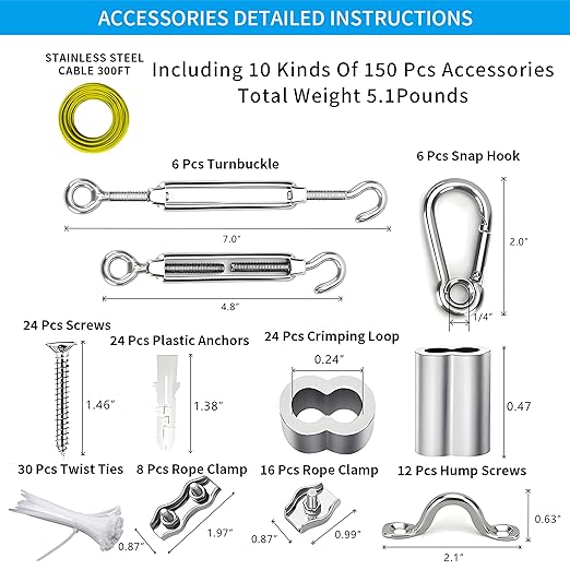 Globe String Light Suspension Kit, Outdoor Light Guide Wire, Vinyl Coated Stainless Steel Steel Cable,Include 300ft Transparent PVC and 304 Stainless Steel Wire Cable, Turnbuckle and Hooks