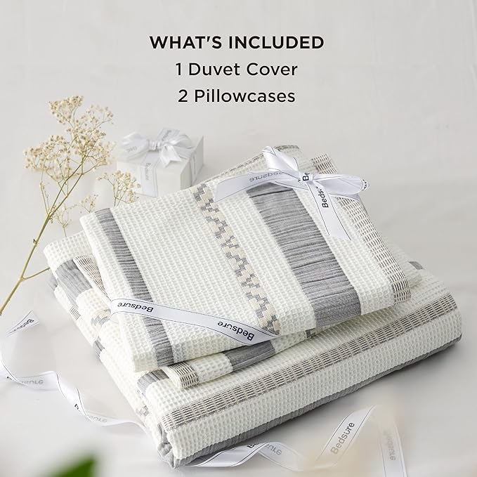 Bedsure Waffle Weave Duvet Cover Queen - 100% Cotton Boho Duvet Cover Set with 2 Pillowcases - Extra Soft Cream White Textured Comforter Cover with Zipper Closure (Queen, 90"x90")