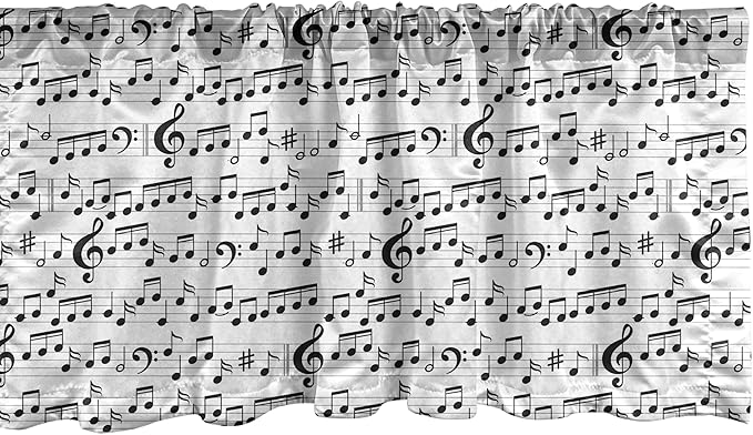 Ambesonne Music Window Valance, Abstract Style Professional Pattern Notes and Clef Sheet Play Writing Print, Curtain Valance for Kitchen Bedroom Decor with Rod Pocket, 54" X 12", Black White