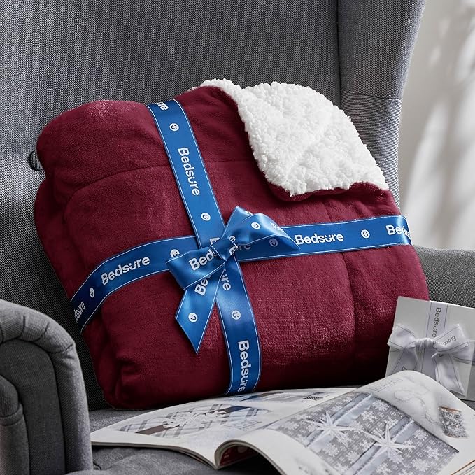 Bedsure GentleSoft Sherpa Fleece Blankets Queen Size for Bed - Thick and Warm Throw for Girls and Women, Soft Fuzzy Plush Queen Christmas Blanket for Winter, Burgundy, 90x90 Inches