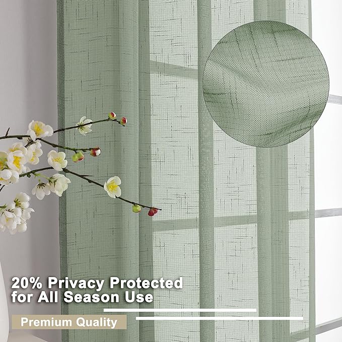 Aiyufeng Kirei Long Sage Green Sheer Curtains 96 Inch - Linen Look Privacy Sheer Curtains Window Treatment Drapes Farmhouse Decor for Bedroom Living Room Sliding Glass Door, 40Wx96L, 2 Panels
