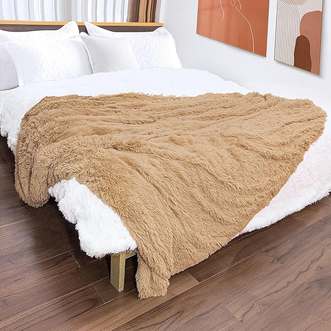 Tuddrom Decorative Extra Soft Faux Fur Throw Blanket 50" x 60",Solid Reversible Fuzzy Long Hair Shaggy Blanket,Fluffy Cozy Plush Fleece Comfy Microfiber Fur Blanket for Couch Sofa Bed,Camel