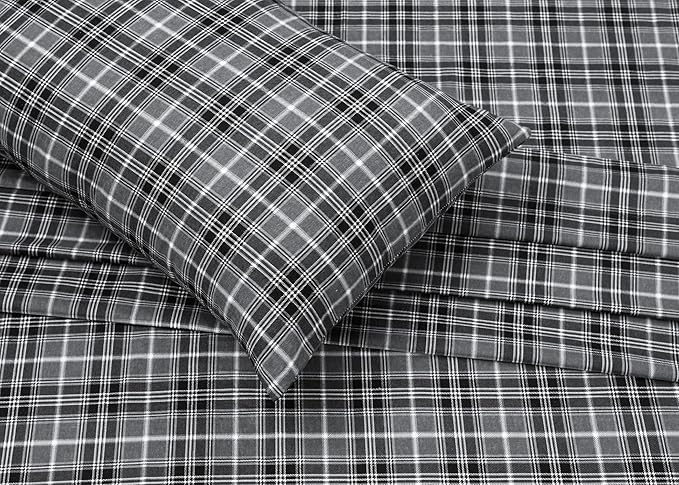 RUVANTI Flannel Sheets Twin Size - 100% Cotton Double Brushed Twin Sheets Set, Deep Pockets 16 Inches, All Seasons Breathable & Extra Soft Bed Sheets, Warm & Cozy, 3 Piece, Grey Plaid