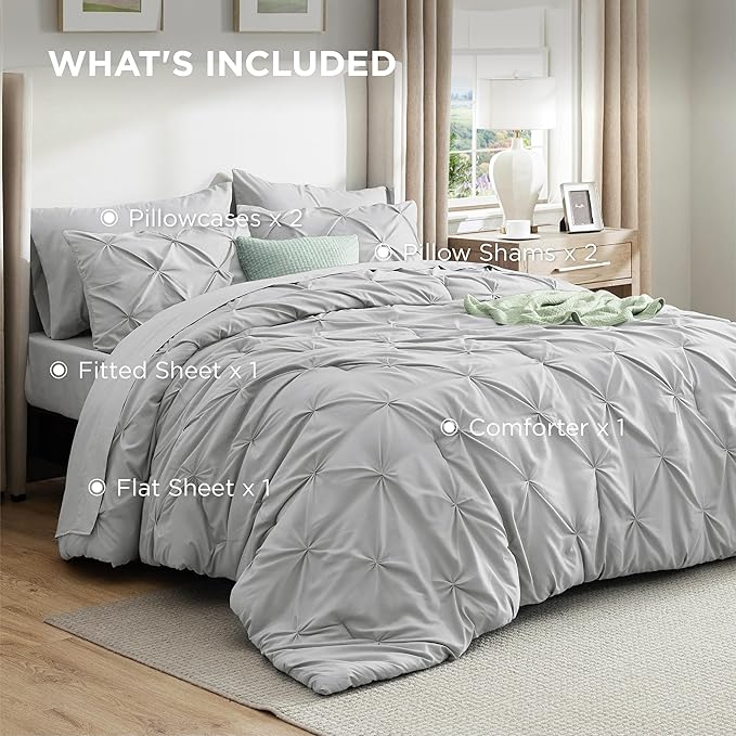 Bedsure King Size Comforter Set Light Grey - Bed in a Bag Bedding Set 7 Pieces, GentleSoft™ Pintuck Bed Set Gift for Family, Pinch Pleat Light Grey Comforter with Sheets, Pillowcases & Shams