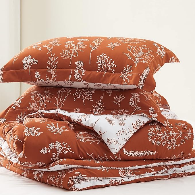 Bedsure Queen Comforter Set - Terracotta Bed Set, 3 Pieces Cute Floral Bedding, 1 Soft Reversible Botanical Flowers Comforter and 2 Pillow Shams