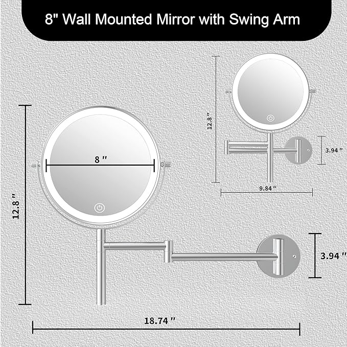 8" Wall Mounted Makeup Mirror with Handle, 3 Color Lights Dimmable and 1X/10X Magnification, Rechargeable Bathroom Wall Mount Magnifying Mirror with Extension Arm Height Adjustable Chrome
