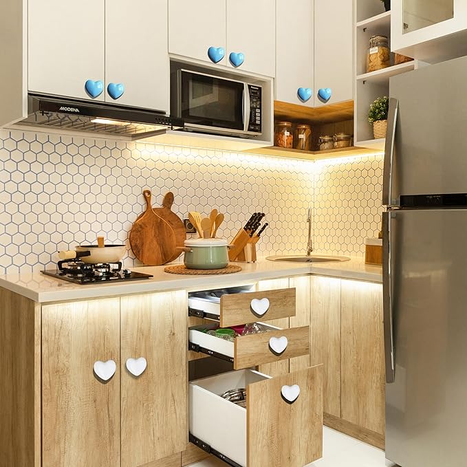 Ceramic Drawer Knobs Heart Shape Cabinet Dresser Pulls Handles with 3 Sized Screws, Kitchen Furniture Knobs for Closet Cupboard Wardrobe (White, 10 Pack)
