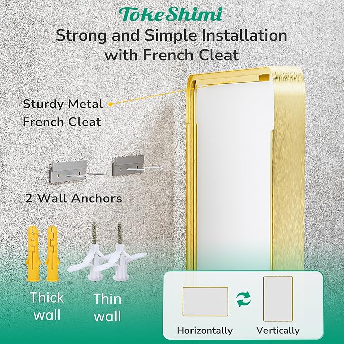 TokeShimi 55x36 Bathroom Mirror Gold,Aluminum Framed Bathroom Mirrors for Over Sink,Rectangle Vanity Mirror Bath,Shatterproof Tempered Glass Wall Mirror Modern(Horizontal/Vertical)