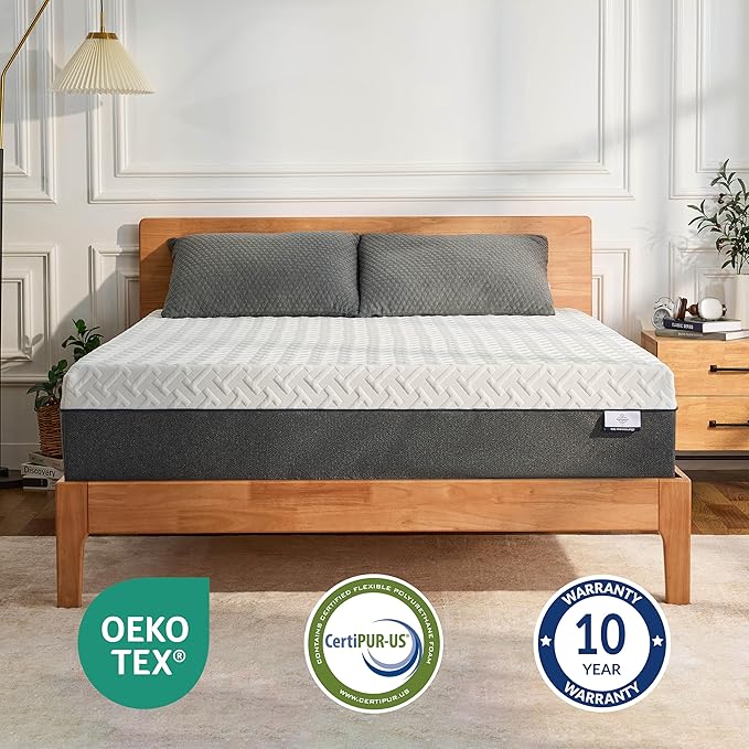 10 Inch Green Tea Memory Foam Mattress, Queen Memory Foam Mattress in a Box, Gel Infused Foam for Pressure Relief and Cool Sleep, CertiPUR-US Certified, Medium Firm