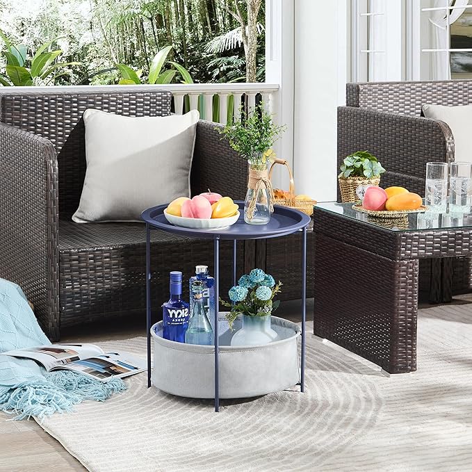 VECELO Round Side/End Table with Fabric Storage Basket,Metal Anti-Rust and Waterproof Small Bedside Nightstand with Removable Tray Top for Living Room,Balcony & Laundry,Blue /2pcs with Basket
