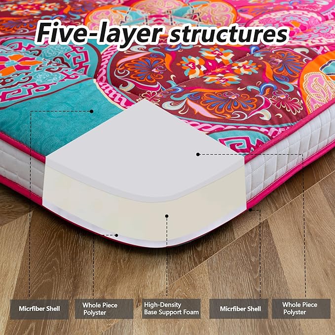 MAXYOYO Bohemian Style Futon Mattress, Padded Japanese Floor Mattress Quilted Bed Mattress Topper, Extra Thick Folding Sleeping Pad Breathable Floor Lounger Guest Bed for Camping Couch, Red, Twin