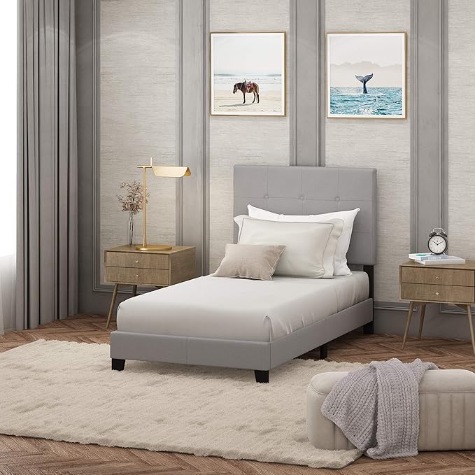Furinno Laval Button Tufted Upholstered Platform Bed Frame, Twin, Glacier