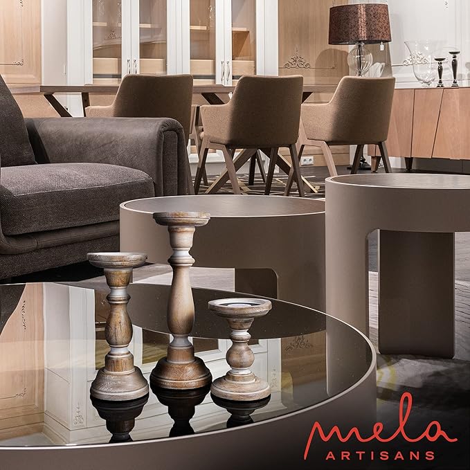 Mela Artisans Wooden Pillar Candle Holders | Tuli Design | Set of 3 Mango Wood Candlesticks | Whitewash | Sizes 6" & 9" & 12" | Decorative Centerpiece for Table | Mantel | Wedding | Living Room Decor