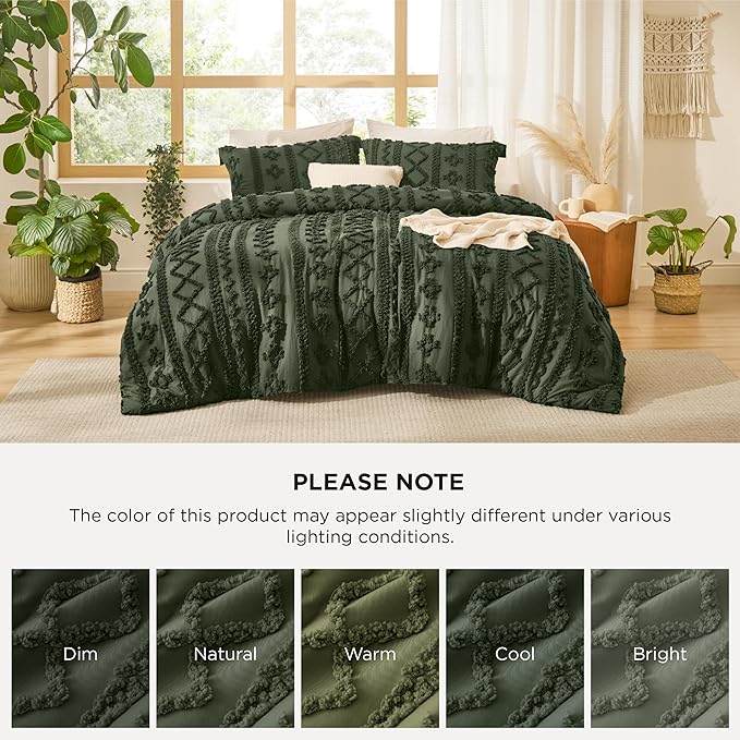 Bedsure Tufted Boho Comforter Set Oversized Queen - Olive Green Boho Bed Set, GentleSoft™ 3 Pieces Farmhouse Shabby Chic Embroidery Bedding, Gifts for Woman, Soft Jacquard Comforter for All Seasons