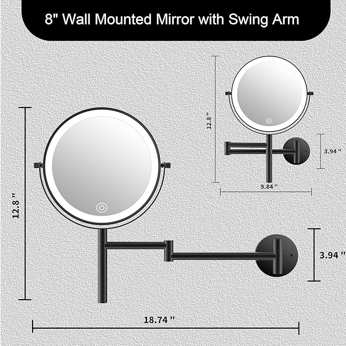 8" Wall Mounted Makeup Mirror with Handle, 3 Color Lights Dimmable and 1X/10X Magnification, Rechargeable Bathroom Wall Mount Magnifying Mirror with Extension Arm Height Adjustable Black