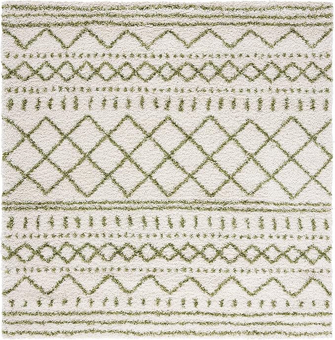 SAFAVIEH Arizona Shag Collection Area Rug - 5'1" Square, Ivory & Green, Moroccan Design, Non-Shedding & Easy Care, 1.6-inch Thick, Ideal for The Living Room, Dining, Bedroom (ASG741Y)
